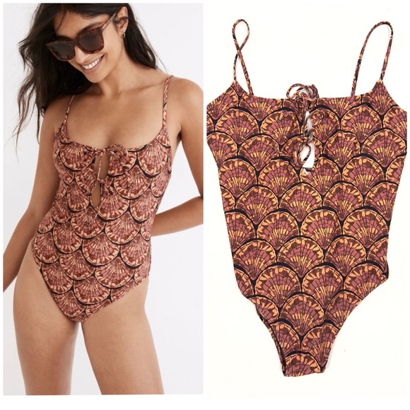 Madewell Second Wave Tie Front One Piece Swimsuit Size L Painted Seashells Print - Picture 1 of 12